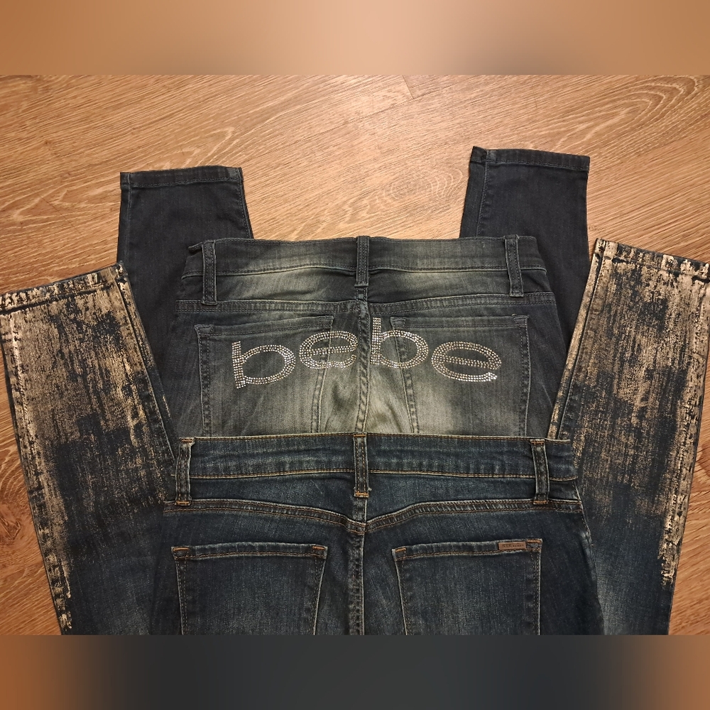 BEBE + STS BLUE Skinny Jeans Bundle Bling Rhinestones + Gold Foil Details Sz 27
